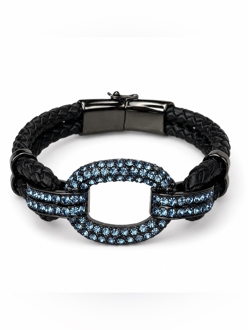 Joan Boyce Blue Pave Crystal & Braided Black Leather Cord Bracelet 7.5” Gunmetal